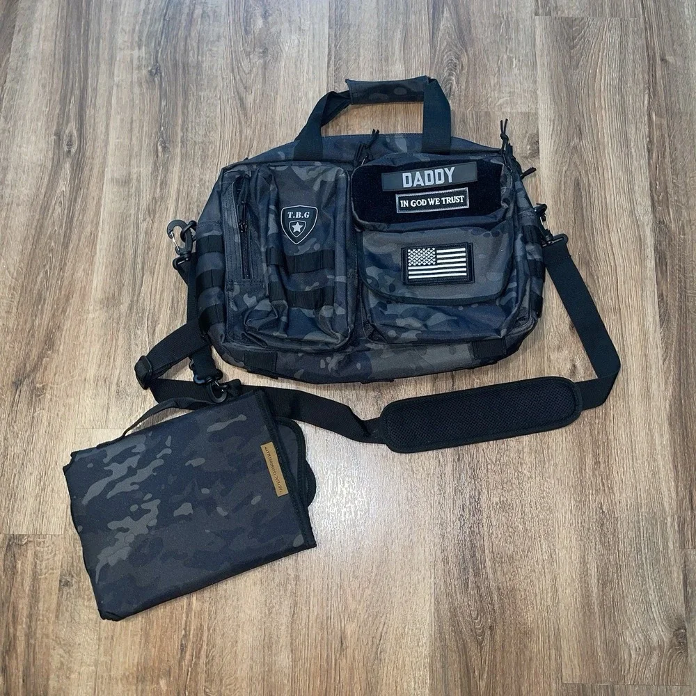 Tactical Baby Gear TBG Deuce 2.0 Diaper Bag Black Camo Patches With Changing Pad